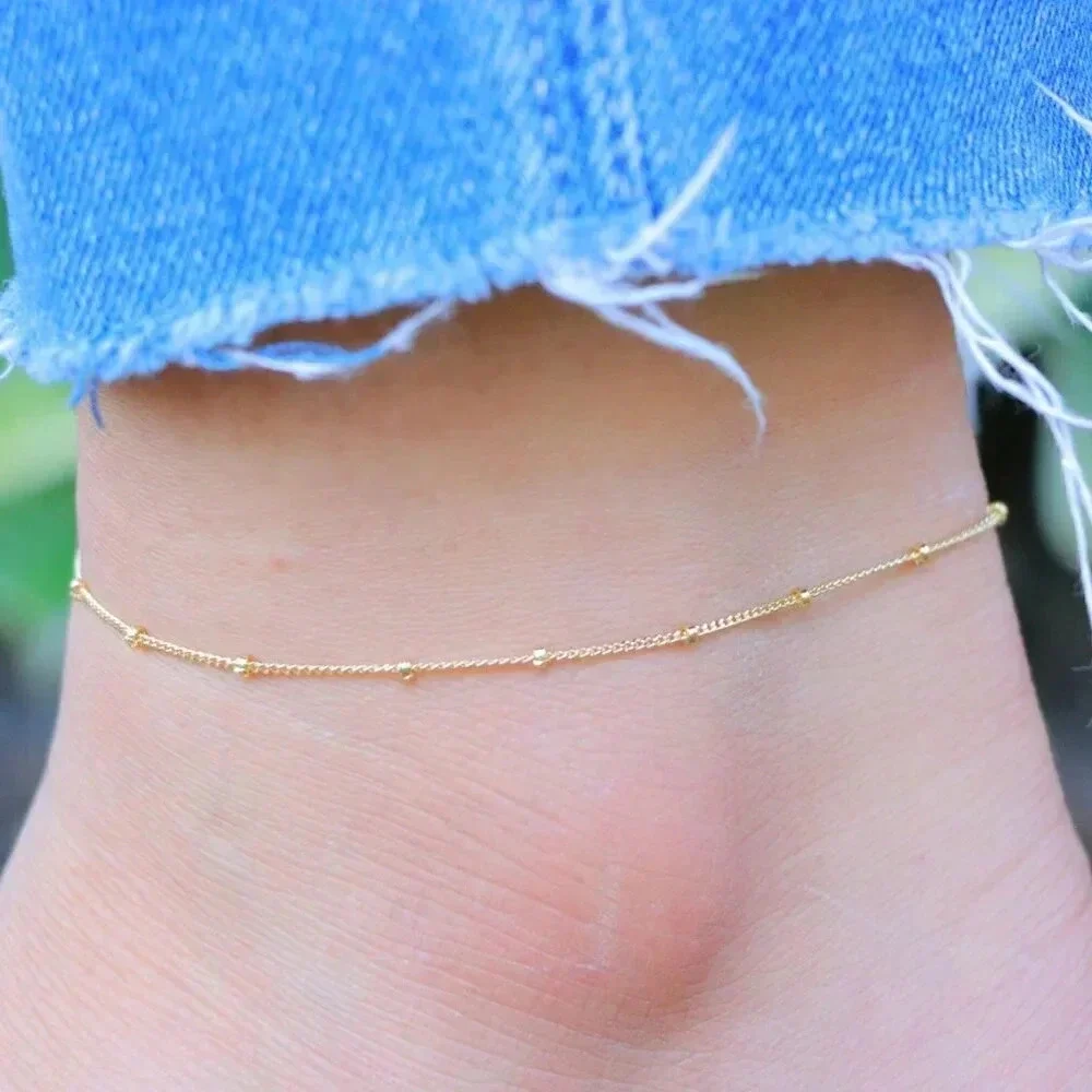💛GORGEOUS ROUNDED BEADS ANKLET ESSENTIAL CHAIN SOLID GOLD BRACELET, ELDM22337